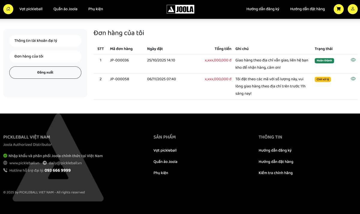 Đặt hàng của đại lý ủy quyền Joola chính hãng tại Việt Nam