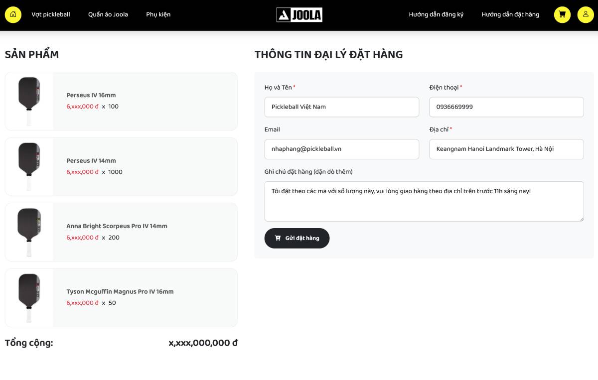 Đặt hàng của đại lý ủy quyền Joola chính hãng tại Việt Nam